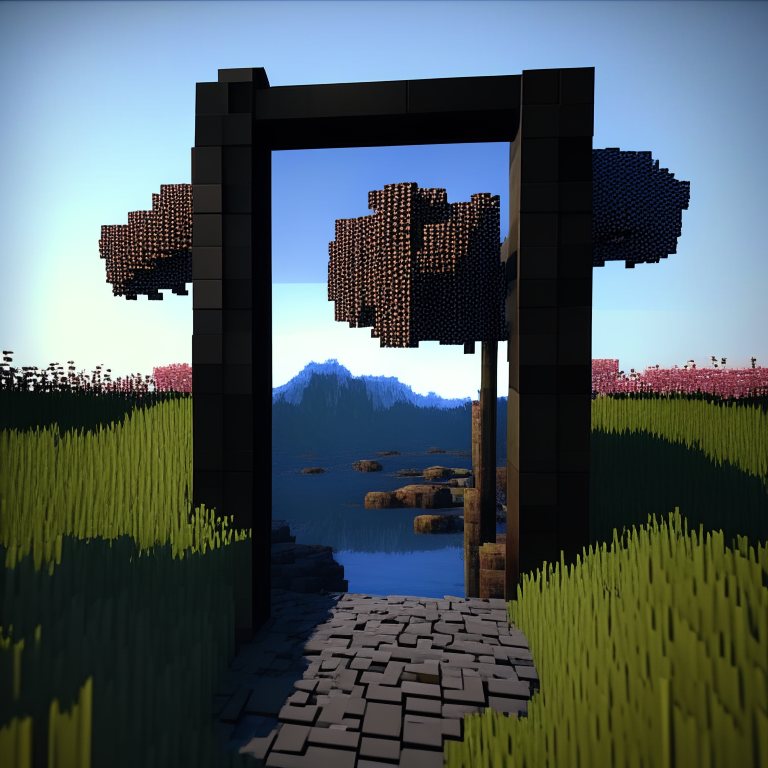 rectangular door black rock portal, swamp, square cherry trees, sunny, mt. fuji, 8k minecraft rtx