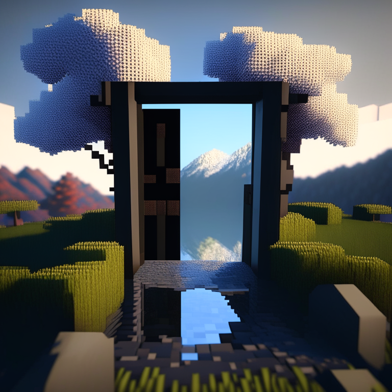 rectangular door black rock portal, swamp, square cherry trees, sunny, mt. fuji, 8k minecraft rtx