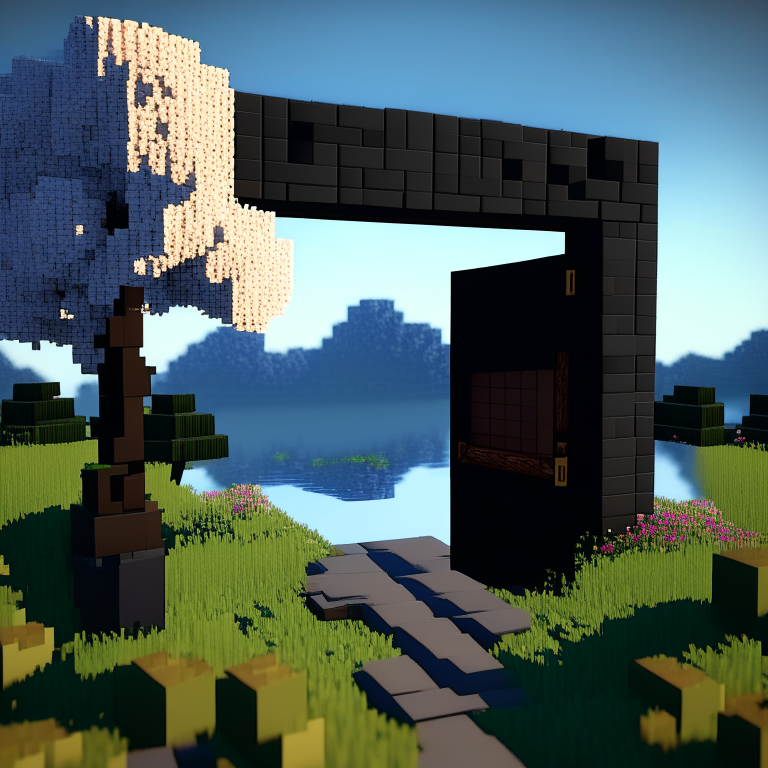 rectangular door black rock portal, swamp, square cherry trees, sunny, mt. fuji, 8k minecraft rtx, village background