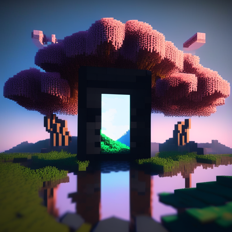 rectangular door black rock portal, swamp, square cherry trees, sunny, mt. fuji, 8k minecraft rtx, psychedelic background