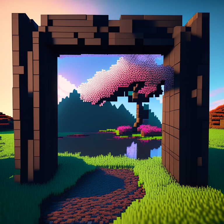 rectangular door black rock portal, swamp, square cherry trees, sunny, mt. fuji, 8k minecraft rtx, psychedelic background