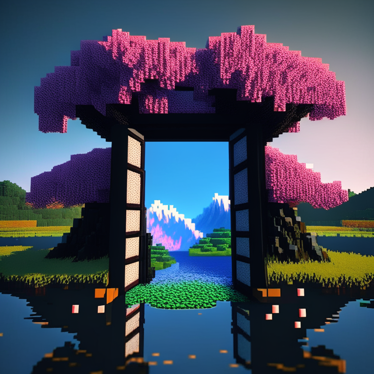 rectangular door black rock portal, swamp, square cherry trees, sunny, mt. fuji, 8k minecraft rtx, psychedelic background