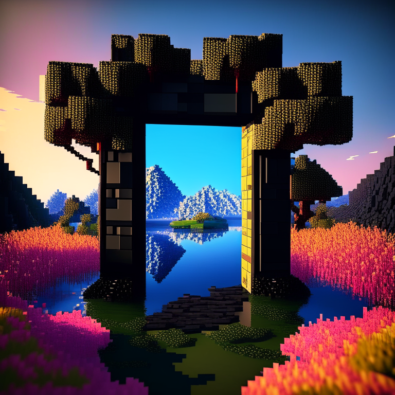 rectangular door black rock portal, swamp, square cherry trees, sunny, mt. fuji, 8k minecraft rtx, psychedelic background