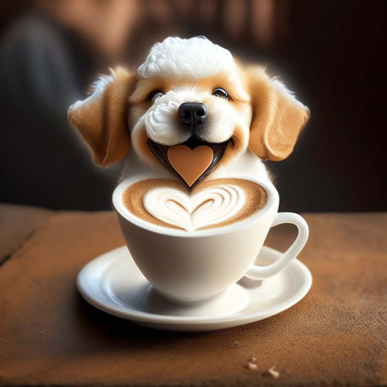 a happy puppy drinking a latte with heart-shaped foam art