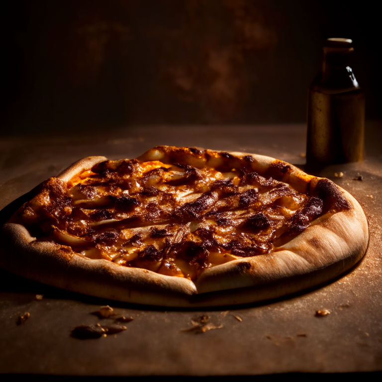 A wood-fired pizza with caramelized onions and balsamic glaze, bright studio lighting, razor-sharp focus, square aspect ratio