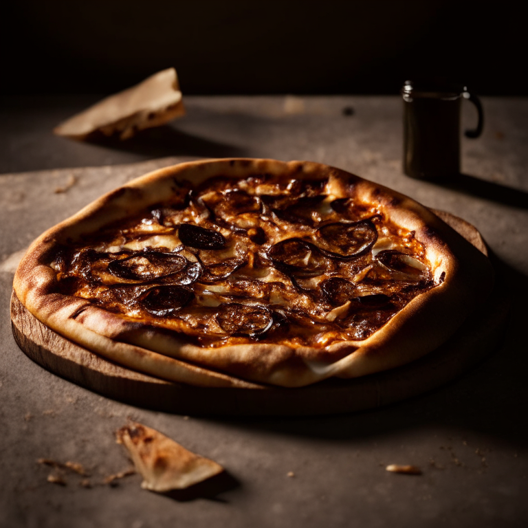 A wood-fired pizza with caramelized onions and balsamic glaze, natural light from the side, razor-sharp focus on the whole dish, square aspect ratio, minimal plate