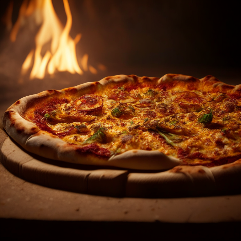 A wood-fired pizza with sun-dried tomatoes and artichokes, bright studio lighting, razor-sharp focus, square aspect ratio