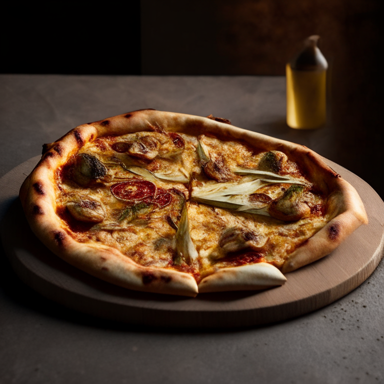 A wood-fired pizza with sun-dried tomatoes and artichokes, natural light from the side, razor-sharp focus on the whole dish, square aspect ratio, minimal plate