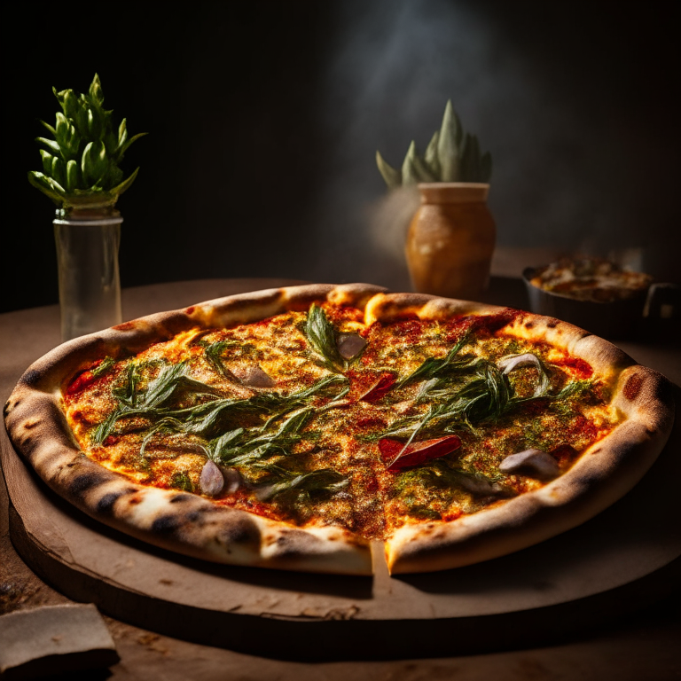 A wood-fired pizza with sun-dried tomatoes, artichokes and arugula, bright studio lighting highlighting the fresh toppings, razor-sharp focus, square aspect ratio