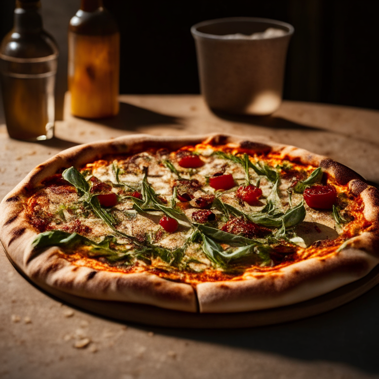 A wood-fired pizza with sun-dried tomatoes, artichokes and arugula, natural light from the side highlighting the fresh toppings, razor-sharp focus, square aspect ratio, minimal plate