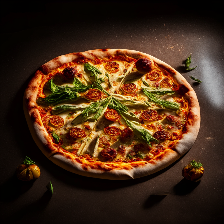 A wood-fired pizza with sun-dried tomatoes, artichokes and arugula, softbox lighting highlighting the fresh toppings, razor-sharp focus, square aspect ratio, minimal background