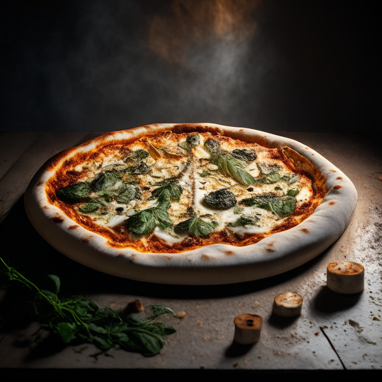 A wood-fired pizza with truffled mushrooms, ricotta cheese and fresh herbs, bright studio lighting highlighting the ingredients, razor-sharp focus, square aspect ratio