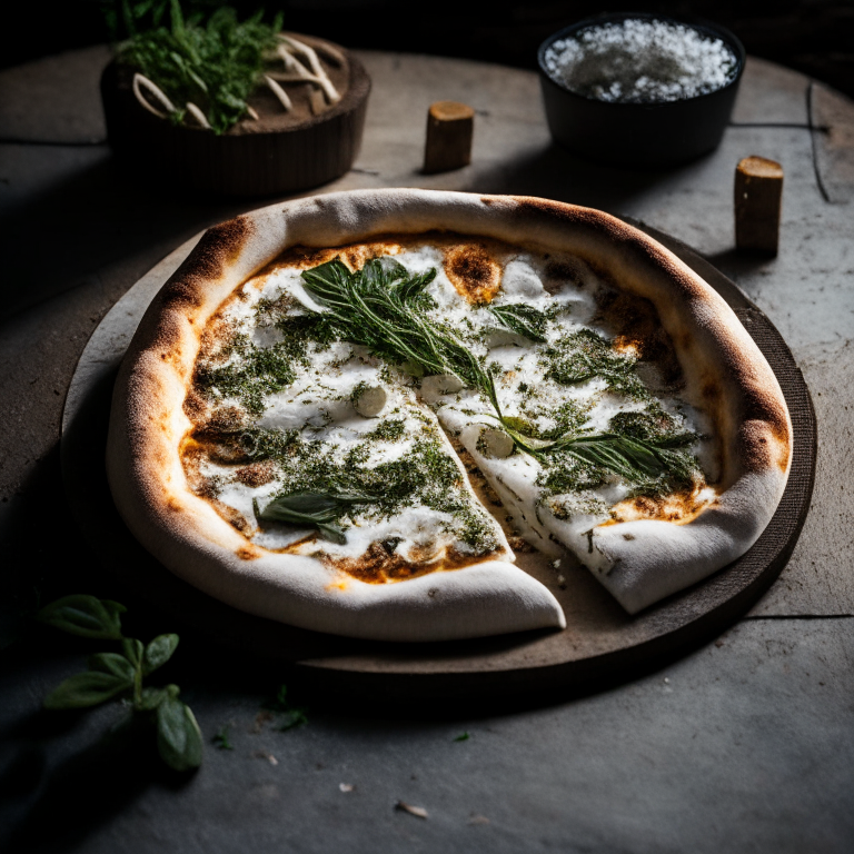 A wood-fired pizza with truffled mushrooms, ricotta cheese and fresh herbs, natural light from the side highlighting the ingredients, razor-sharp focus, square aspect ratio, minimal plate