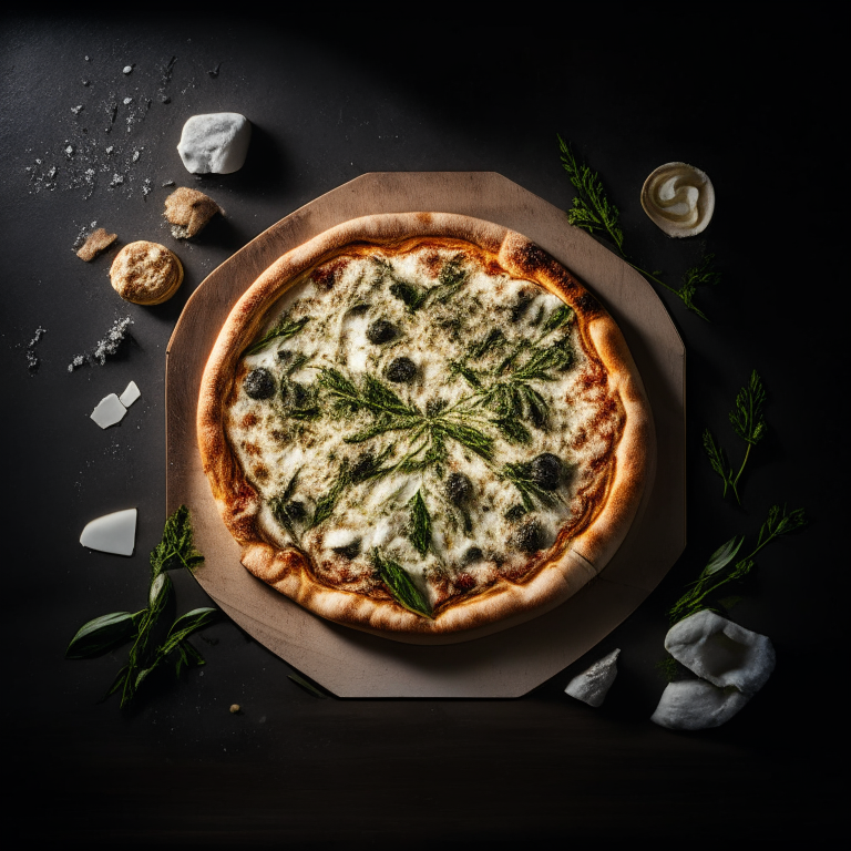 A wood-fired pizza with truffled mushrooms, ricotta cheese and fresh herbs, softbox lighting highlighting the ingredients, razor-sharp focus, square aspect ratio, minimal background