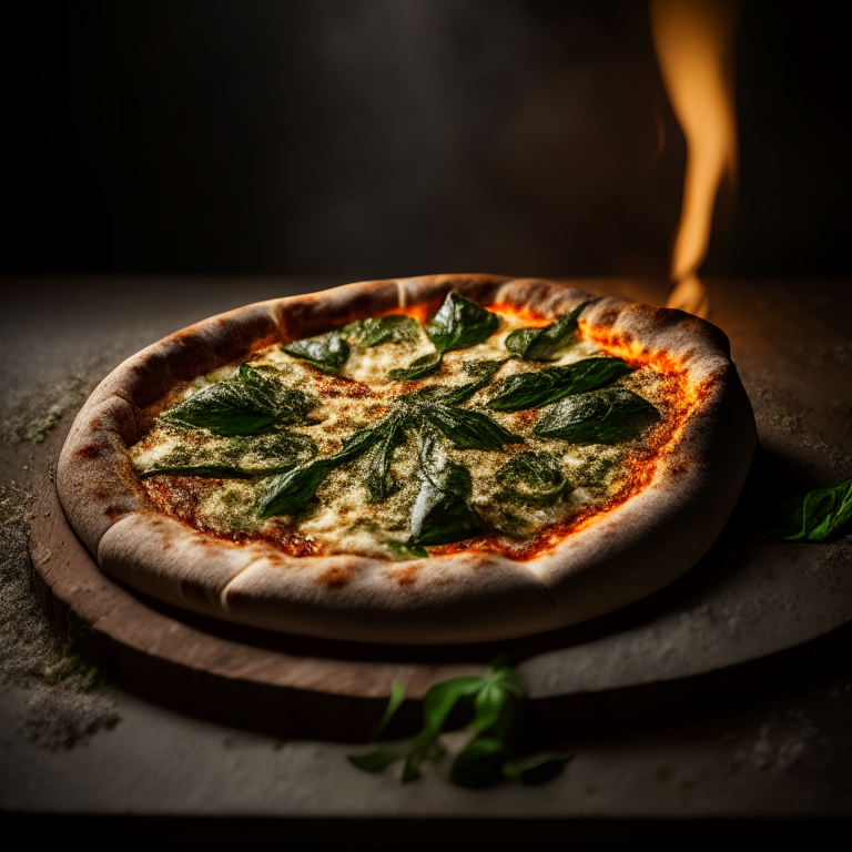 A wood-fired pizza with roasted garlic, spinach and parmesan cheese, bright studio lighting highlighting the ingredients, razor-sharp focus, square aspect ratio