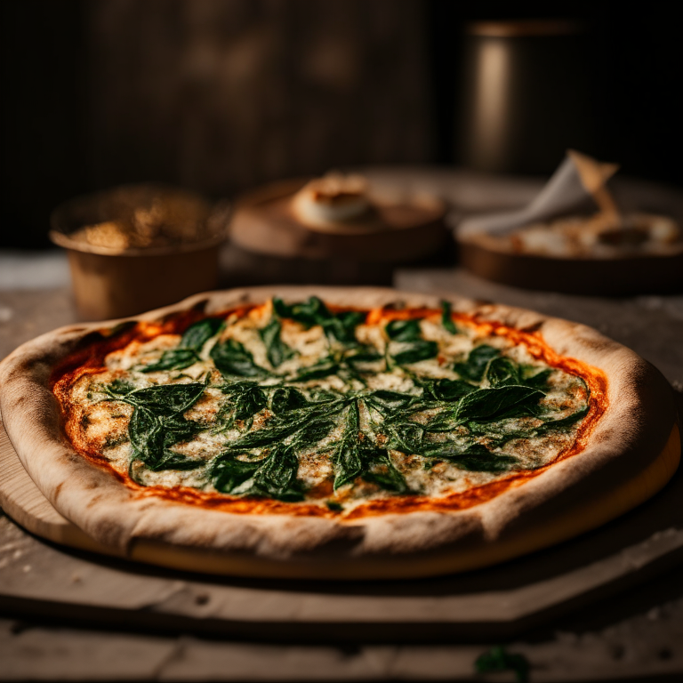 A wood-fired pizza with roasted garlic, spinach and parmesan cheese, natural light from the side highlighting the ingredients, razor-sharp focus, square aspect ratio, minimal plate