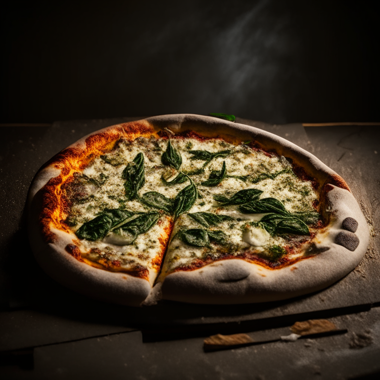 A wood-fired pizza with roasted garlic, spinach and parmesan cheese, softbox lighting highlighting the ingredients, razor-sharp focus, square aspect ratio, minimal background