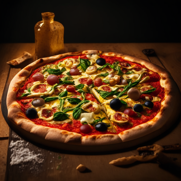 A wood-fired pizza with hummus, spinach, tomato, mushroom and olives, bright studio lighting highlighting the ingredients, razor-sharp focus, square aspect ratio