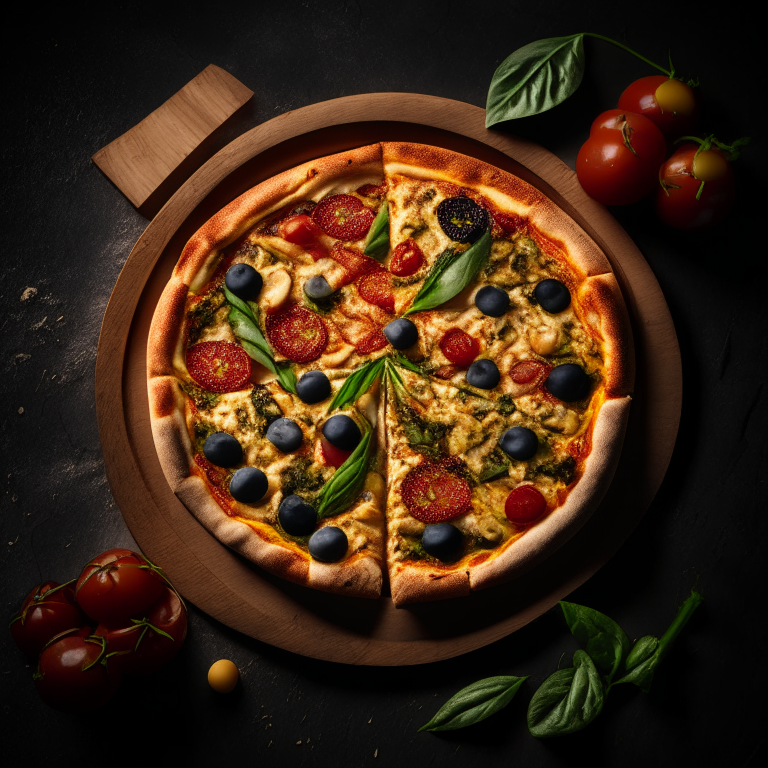 A wood-fired pizza with hummus, spinach, tomato, mushroom and olives, softbox lighting highlighting the ingredients, razor-sharp focus, square aspect ratio, minimal background