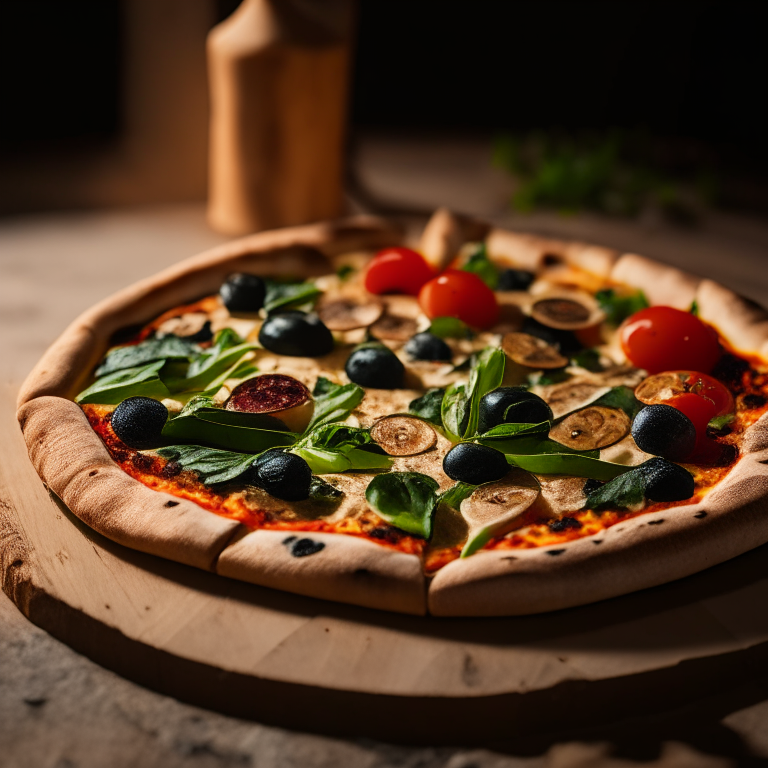 A wood-fired pizza with hummus, spinach, tomato, mushroom and olives, natural light from the side highlighting the ingredients, razor-sharp focus, square aspect ratio, minimal plate