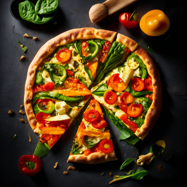 A roasted vegetable and vegan cheese pizza with zucchini, bell peppers, tomato and spinach, bright studio lighting highlighting the ingredients, razor-sharp focus, square aspect ratio