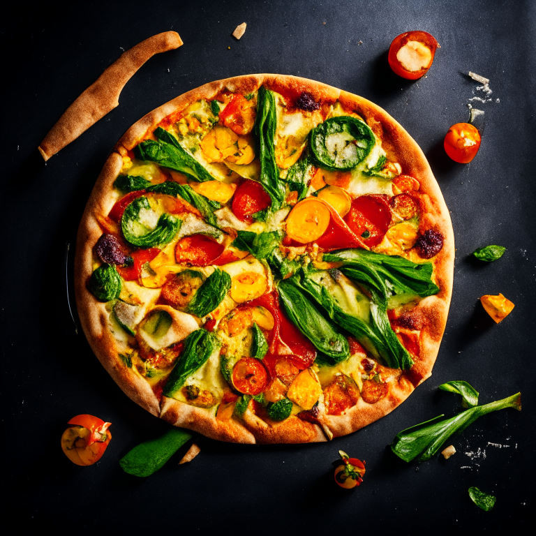 A roasted vegetable and vegan cheese pizza with zucchini, bell peppers, tomato and spinach, softbox lighting highlighting the ingredients, razor-sharp focus, square aspect ratio, minimal background