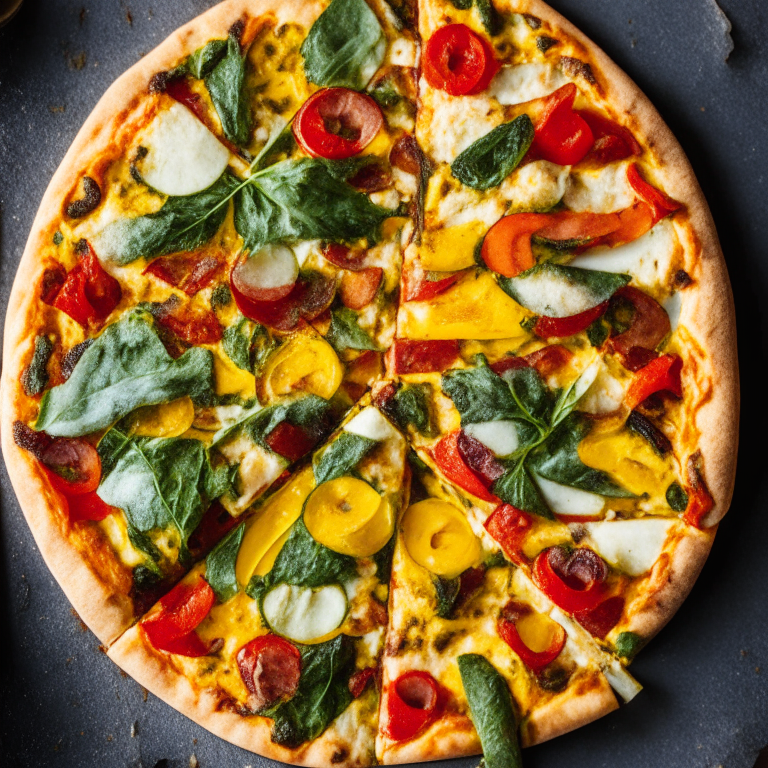 A roasted vegetable and vegan cheese pizza with zucchini, bell peppers, tomato and spinach, natural light from the side highlighting the ingredients, razor-sharp focus, square aspect ratio, minimal plate