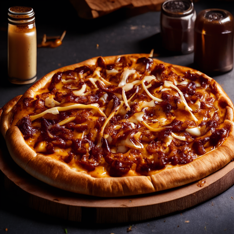 A BBQ Jackfruit and Caramelized Onion Pizza with jackfruit, onions, BBQ sauce and vegan cheese, bright studio lighting highlighting the ingredients, razor-sharp focus, square aspect ratio