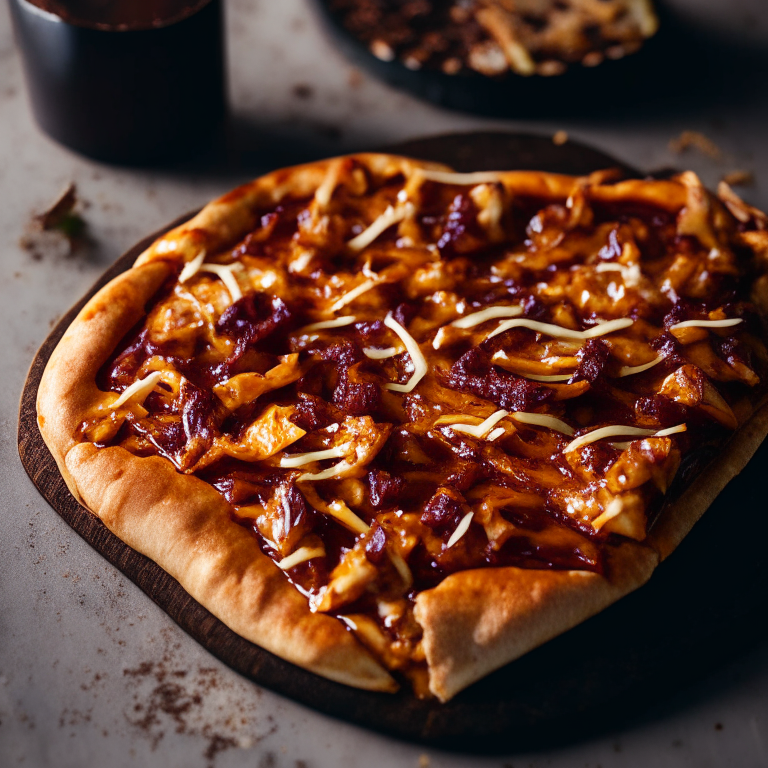 A BBQ Jackfruit and Caramelized Onion Pizza with jackfruit, onions, BBQ sauce and vegan cheese, natural light from the side highlighting the ingredients, razor-sharp focus, square aspect ratio, minimal plate