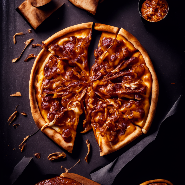 A BBQ Jackfruit and Caramelized Onion Pizza with jackfruit, onions, BBQ sauce and vegan cheese, softbox lighting highlighting the ingredients, razor-sharp focus, square aspect ratio, minimal background