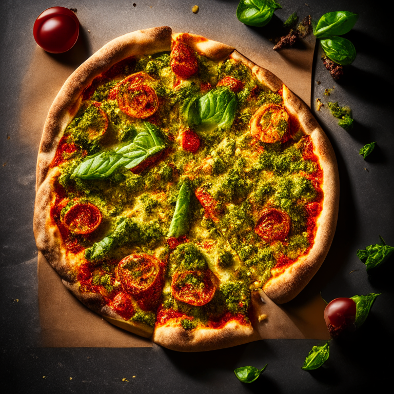 A Vegan Pesto and Sun-Dried Tomato Pizza with pesto, sun-dried tomatoes, vegan cheese and basil, bright studio lighting highlighting the ingredients, razor-sharp focus, square aspect ratio