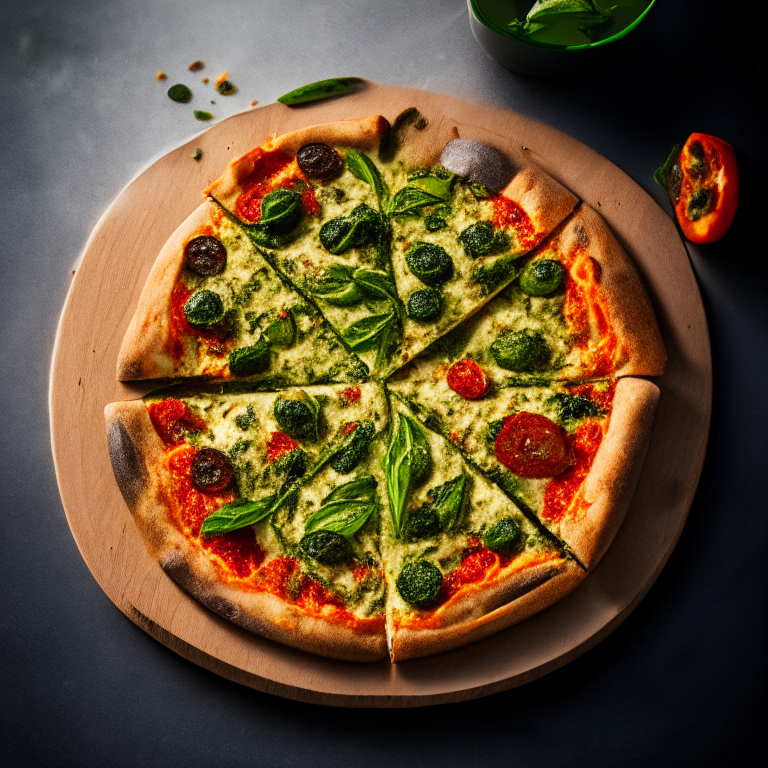 A Vegan Pesto and Sun-Dried Tomato Pizza with pesto, sun-dried tomatoes, vegan cheese and basil, natural light from the side highlighting the ingredients, razor-sharp focus, square aspect ratio, minimal plate