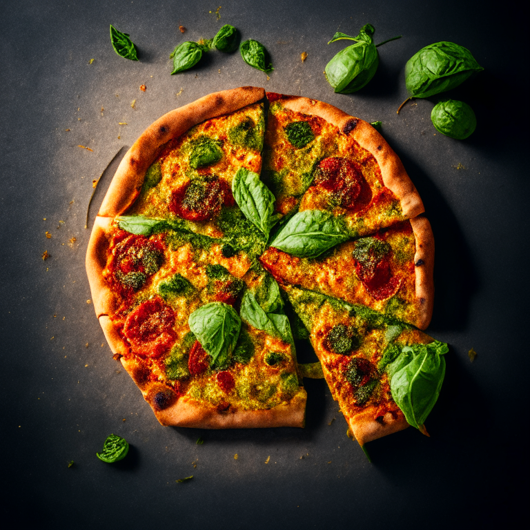 A Vegan Pesto and Sun-Dried Tomato Pizza with pesto, sun-dried tomatoes, vegan cheese and basil, softbox lighting highlighting the ingredients, razor-sharp focus, square aspect ratio, minimal background