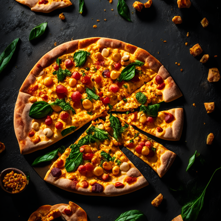 A Spicy Vegan Chickpea and Spinach Pizza with chickpeas, spinach, vegan cheese and chili peppers, bright studio lighting highlighting the ingredients, razor-sharp focus, square aspect ratio