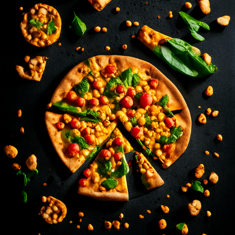 A Spicy Vegan Chickpea and Spinach Pizza with chickpeas, spinach, vegan cheese and chili peppers, softbox lighting highlighting the ingredients, razor-sharp focus, square aspect ratio, minimal background