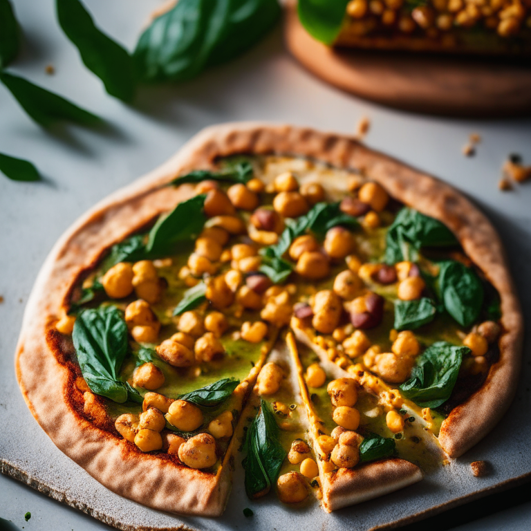 A Spicy Vegan Chickpea and Spinach Pizza with chickpeas, spinach, vegan cheese and chili peppers, natural light from the side highlighting the ingredients, razor-sharp focus, square aspect ratio, minimal plate