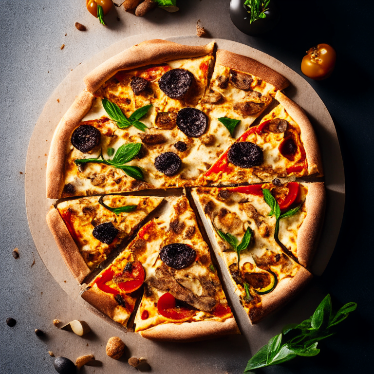 A Vegan Mediterranean Pizza with Cashew Cheese, sun-dried tomatoes, olives, basil and cashew cheese, natural light from the side highlighting the ingredients, razor-sharp focus, square aspect ratio, minimal plate