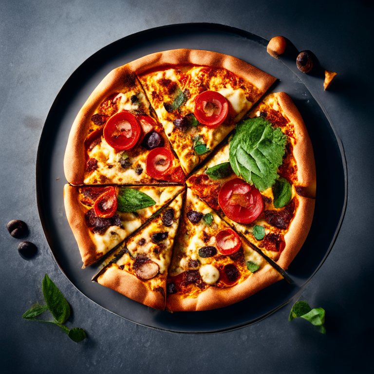 A Vegan Mediterranean Pizza with Cashew Cheese, sun-dried tomatoes, olives, basil and cashew cheese, softbox lighting highlighting the ingredients, razor-sharp focus, square aspect ratio, minimal background