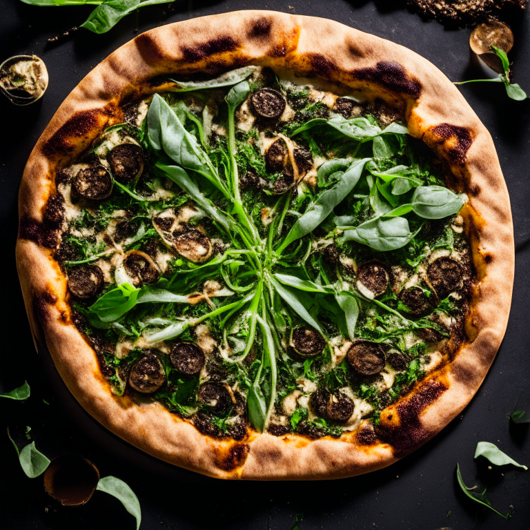 A Vegan Mushroom and Arugula Pizza with mushrooms, arugula, vegan cheese and balsamic glaze, bright studio lighting highlighting the ingredients, razor-sharp focus, square aspect ratio