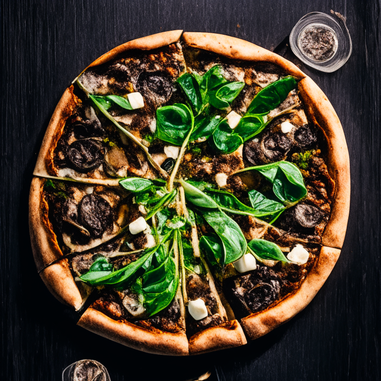 A Vegan Mushroom and Arugula Pizza with mushrooms, arugula, vegan cheese and balsamic glaze, softbox lighting highlighting the ingredients, razor-sharp focus, square aspect ratio, minimal background