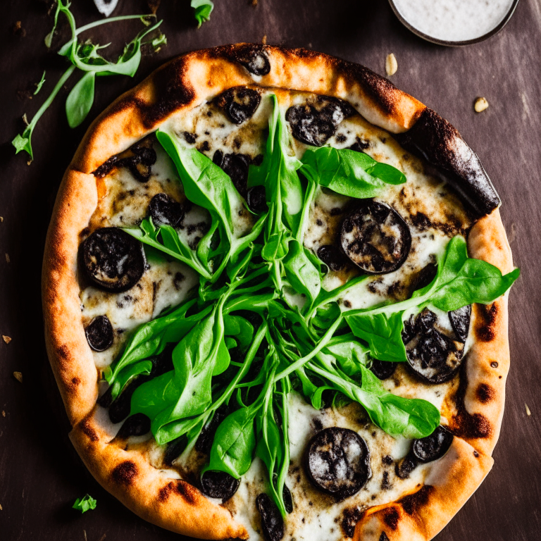 A Vegan Mushroom and Arugula Pizza with mushrooms, arugula, vegan cheese and balsamic glaze, natural light from the side highlighting the ingredients, razor-sharp focus, square aspect ratio, minimal plate