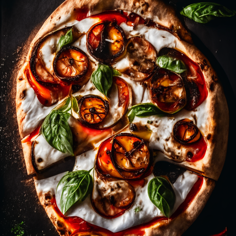 A Grilled Caprese Pizza with Balsamic Glaze, fresh mozzarella, tomatoes, basil and balsamic glaze, softbox lighting highlighting the ingredients, razor-sharp focus, square aspect ratio, minimal background