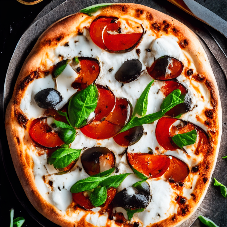 A Grilled Caprese Pizza with Balsamic Glaze, fresh mozzarella, tomatoes, basil and balsamic glaze, natural light from the side highlighting the ingredients, razor-sharp focus, square aspect ratio, minimal plate