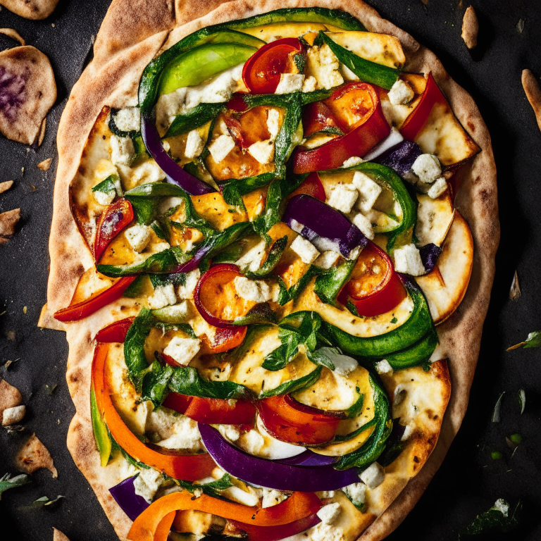 A Grilled Veggie and Hummus Flatbread Pizza with hummus, grilled zucchini, eggplant, red peppers, spinach and feta cheese, bright studio lighting highlighting the ingredients, razor-sharp focus, square aspect ratio