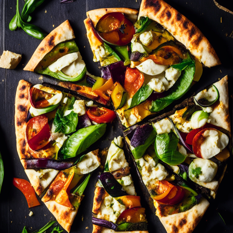 A Grilled Veggie and Hummus Flatbread Pizza with hummus, grilled zucchini, eggplant, red peppers, spinach and feta cheese, softbox lighting highlighting the ingredients, razor-sharp focus, square aspect ratio, minimal background