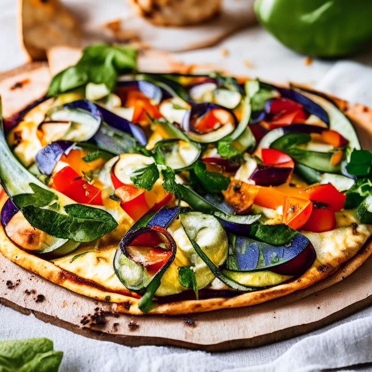 A Grilled Veggie and Hummus Flatbread Pizza with hummus, grilled zucchini, eggplant, red peppers, spinach and feta cheese, natural light from the side highlighting the ingredients, razor-sharp focus, square aspect ratio, minimal plate