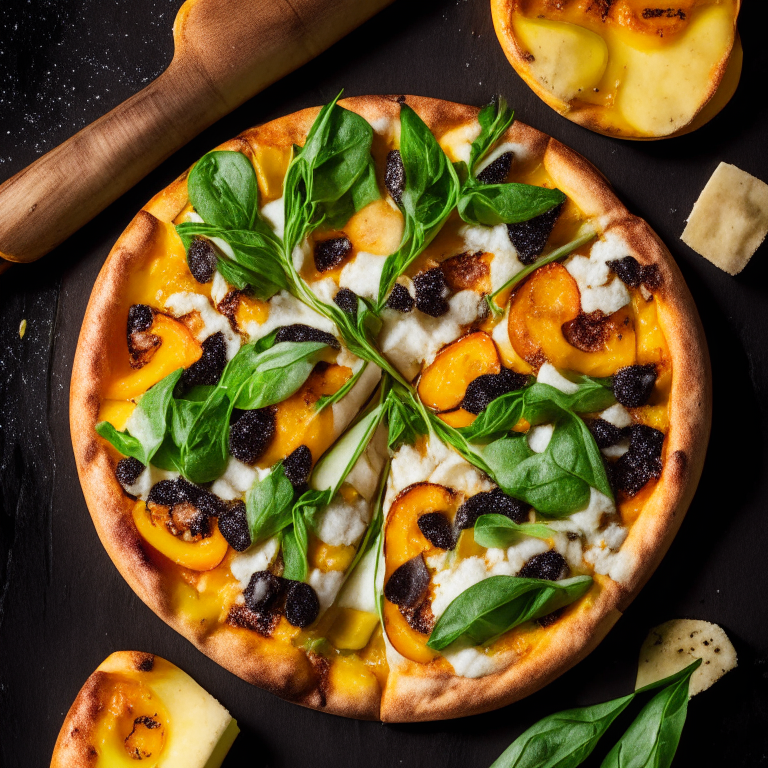 A Grilled Peach and Arugula Pizza with Vegan Cheese, grilled peaches, arugula, vegan cheese, bright studio lighting highlighting the ingredients, razor-sharp focus, square aspect ratio