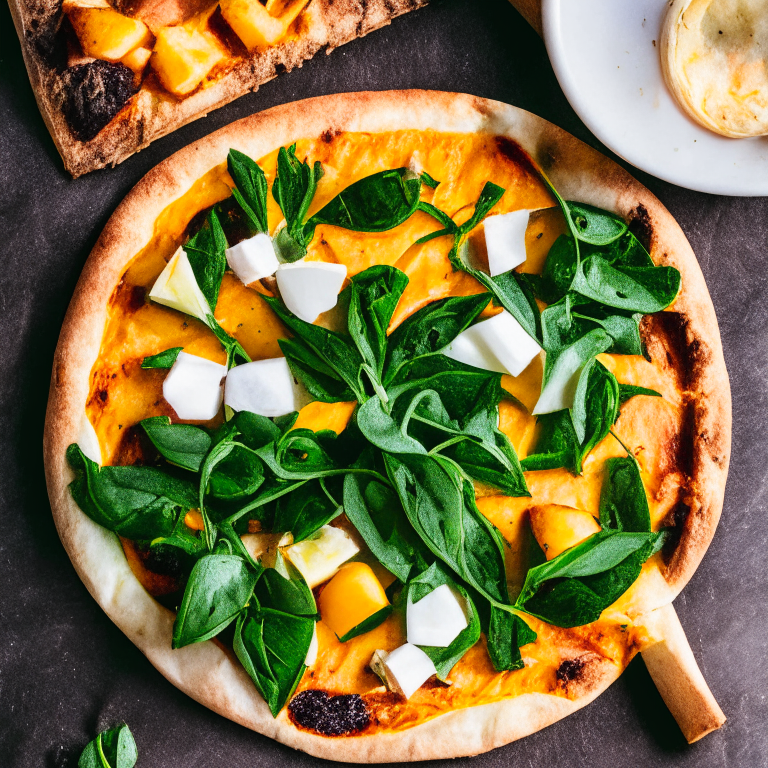 A Grilled Peach and Arugula Pizza with Vegan Cheese, grilled peaches, arugula, vegan cheese, natural light from the side highlighting the ingredients, razor-sharp focus, square aspect ratio, minimal plate