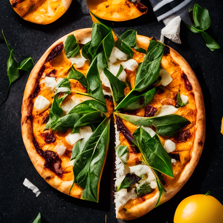 A Grilled Peach and Arugula Pizza with Vegan Cheese, grilled peaches, arugula, vegan cheese, softbox lighting highlighting the ingredients, razor-sharp focus, square aspect ratio, minimal background