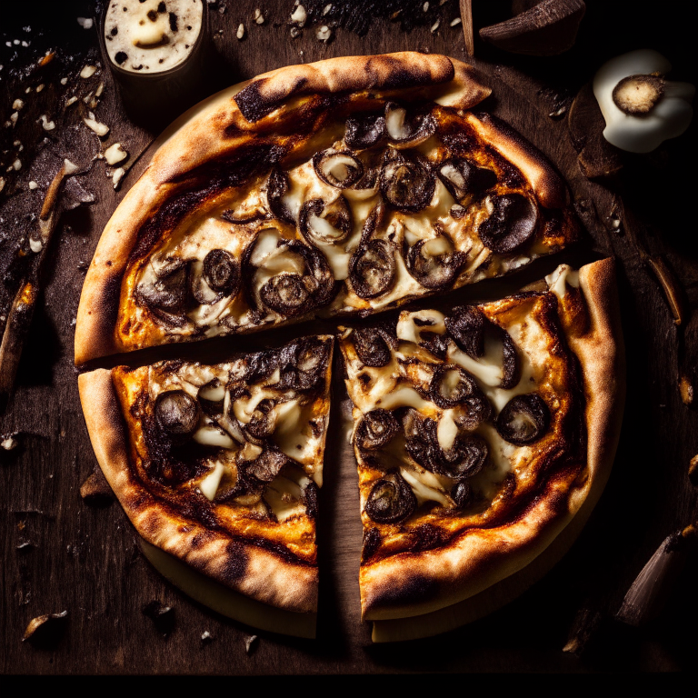 A Grilled Portobello Mushroom and Caramelized Onion Pizza, grilled portobello mushrooms, caramelized onions, bright studio lighting highlighting the ingredients, razor-sharp focus, square aspect ratio